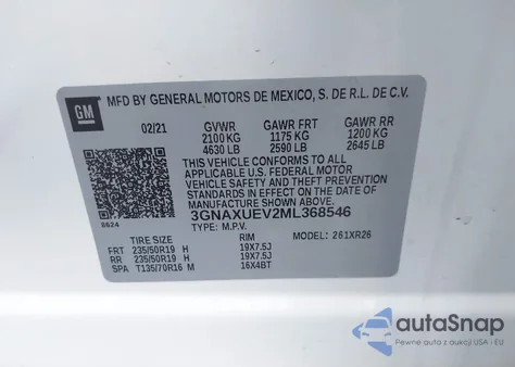 2021 Chevrolet Equinox Awd Lt from USA, damaged, VIN 3GNAXUEV2ML368546